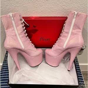 “Pleasers” 7in pink glitter heel boots